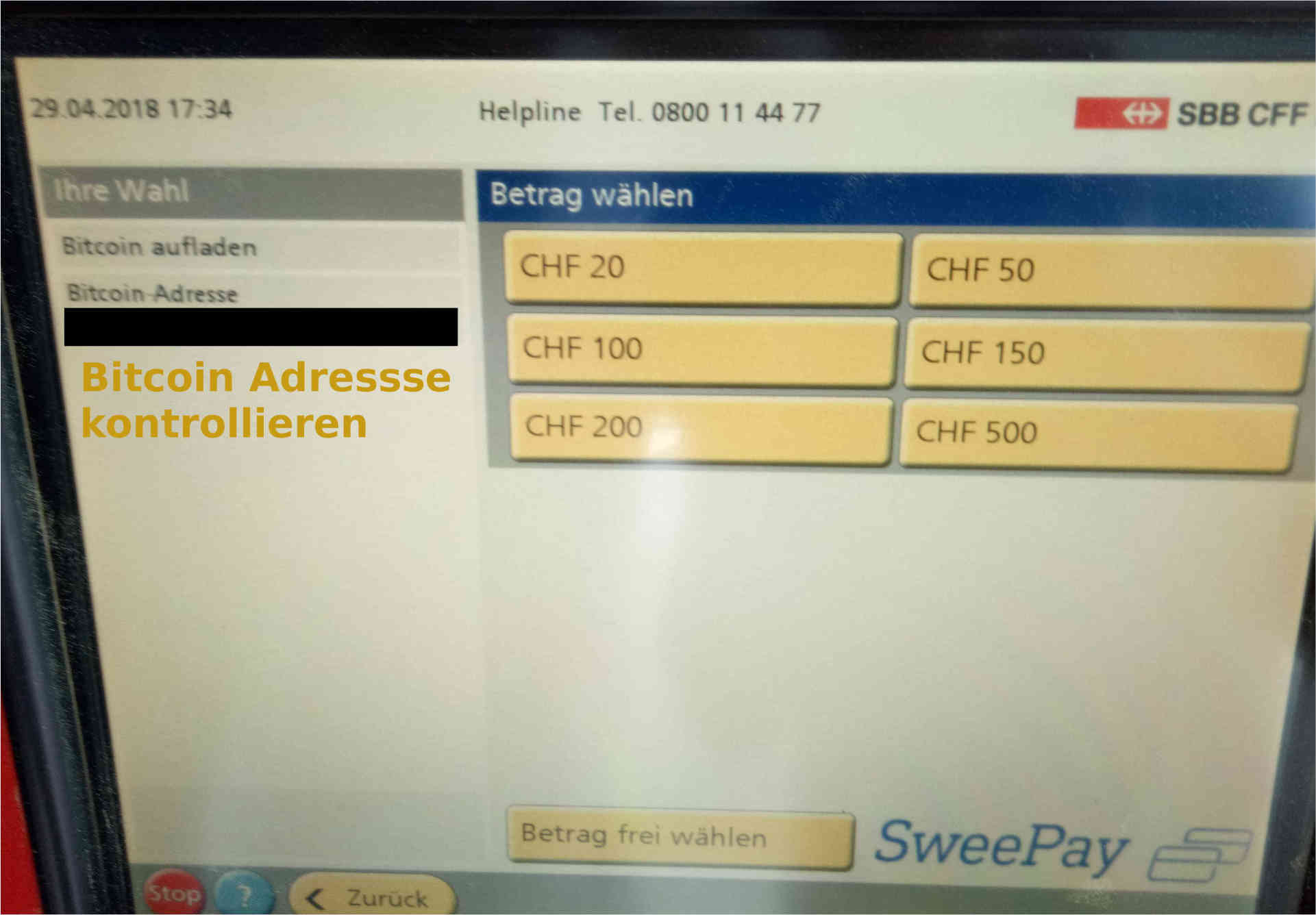 Bitcoin aufladen in der Schweiz bei der SBB (Schweizer Banh) Betrag wählen