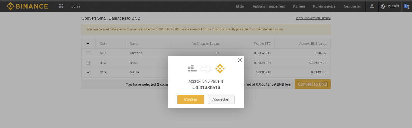 in binance coin umwandeln